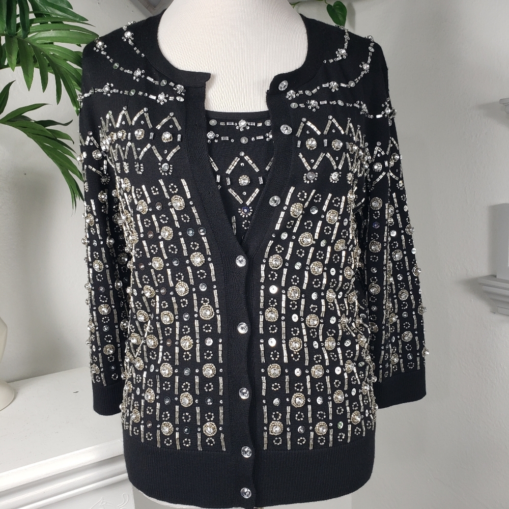 St. John 2p Black Cashmere Silk with Glass & Beads Embellishment Formal